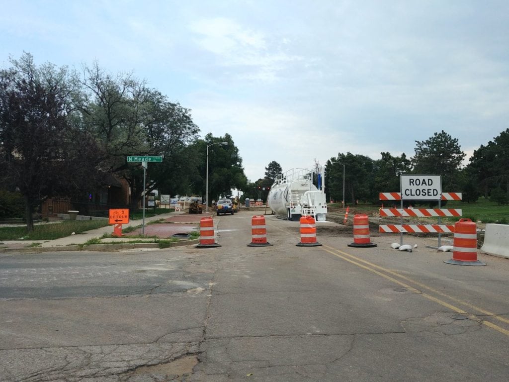 Road access is blocked to head east on Pikes Peak Avenue as part of the two-year, $17 million Pikes Peak Avenue Reconstruction Project in Colorado Springs.