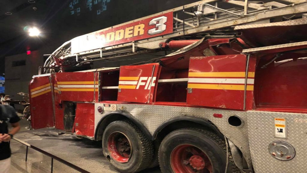 The Ladder truck for FDNY Station 3 is on display at the National September 11 Memorial and Museum in New York City. The truck was destroyed following the collapse of World Trade Center's north tower, and most of the station's firefighters lost their lives.