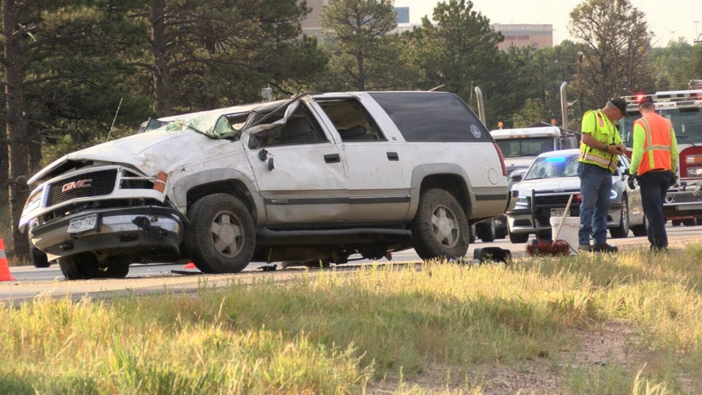 The Colorado State Patrol and Colorado Springs firefighters respond to a traffic accident on Sept. 19, 2018, on I-25 southbound near the North Gate Blvd. exit that halted traffic for several hours.