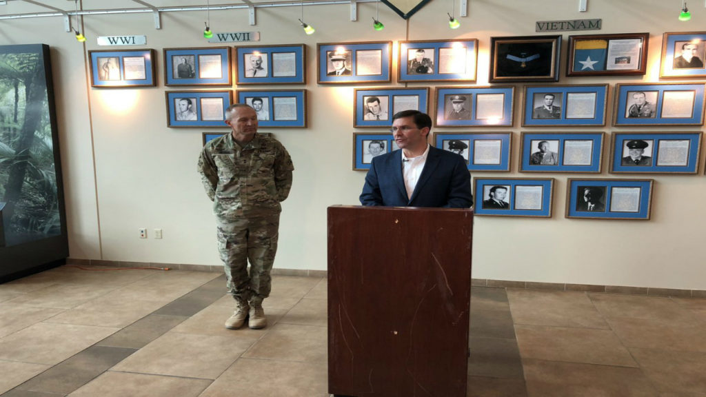 Secretary of the Army Dr. Mark T. Esper speaks at a press conference following a visit to Fort Carson on Oct. 31, 2018. The visit happened the same day the Department of Defense announced Fort Carson soldiers would be among thousands headed south to help secure the border.