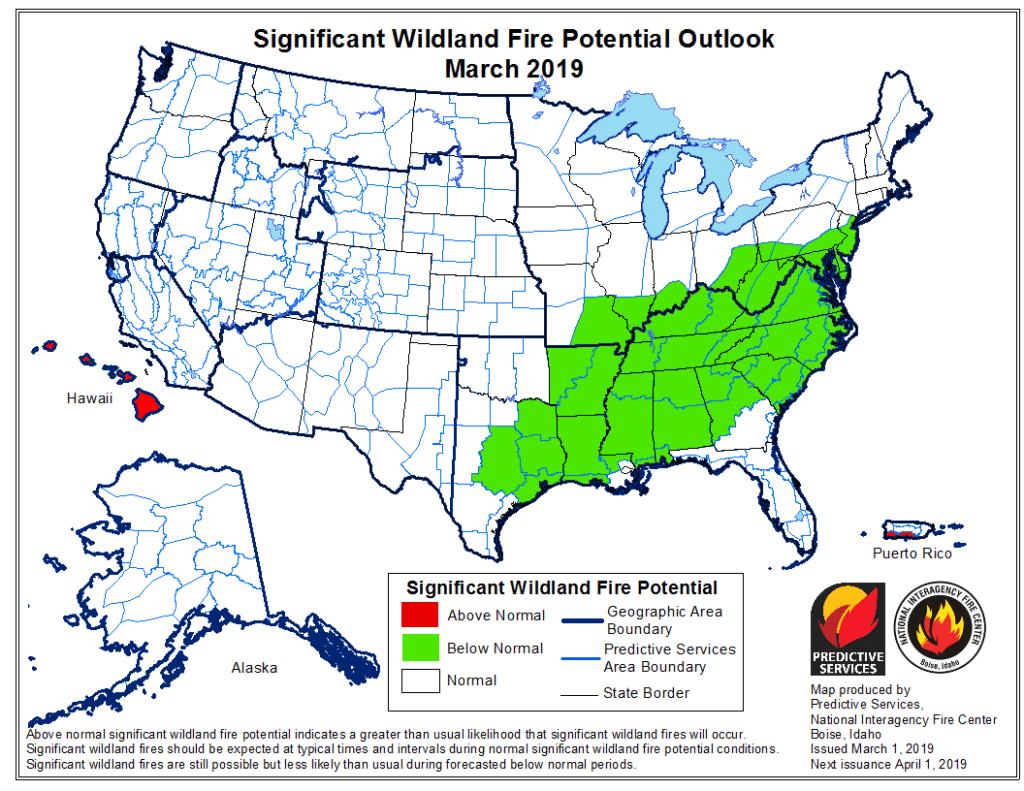 The National Interagency Fire Center released its wildfire potential outlook for March 2019. It shows Colorado and much of the West in normal fire danger areas, a welcome sign from above normal danger in 2018.